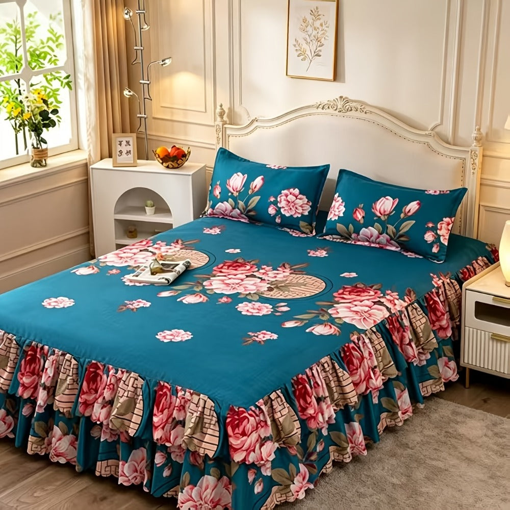 Floral Bed Skirt Set 3 Piece Tropical Print Ruffle Bed Skirt with 2 Pillowcases All-Season Polyester Machine Washable Bedroom Bedding Set