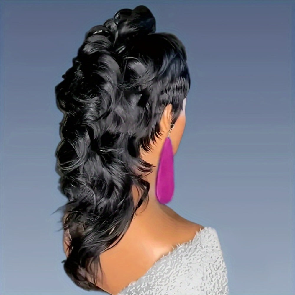 Synthetic Wig 14-Inch Curly-Wave Pixie Mullet with Bangs, 150% Density and Rose Net Cap in Three Colors