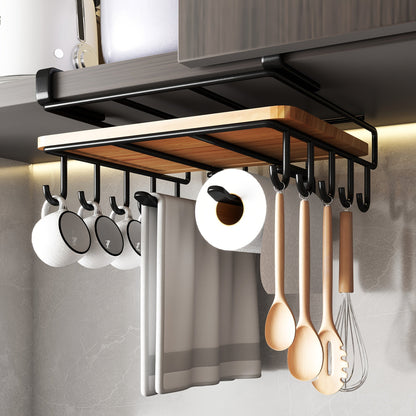 Under Cabinet Organizer Rack with Hooks, Carbon Steel Kitchen Shelf for Utensils, Towels, Cups & Cutting Boards