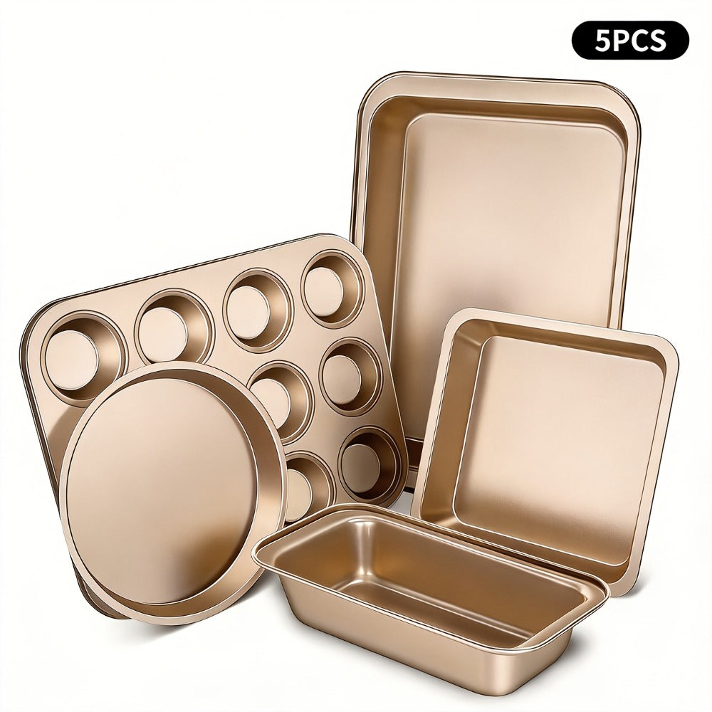 Nonstick Bakeware Set Stackable Space-Saving - Round & Square Pans, Waffle Tray, Cookie Sheet, Carbon Steel Baking Pan Set for Oven