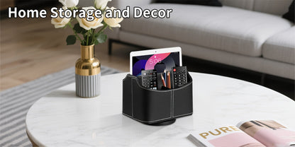 Rotating Faux Leather Remote Control Caddy with Five Compartments, Six Color or Pattern Options and 7.5-Inch Width
