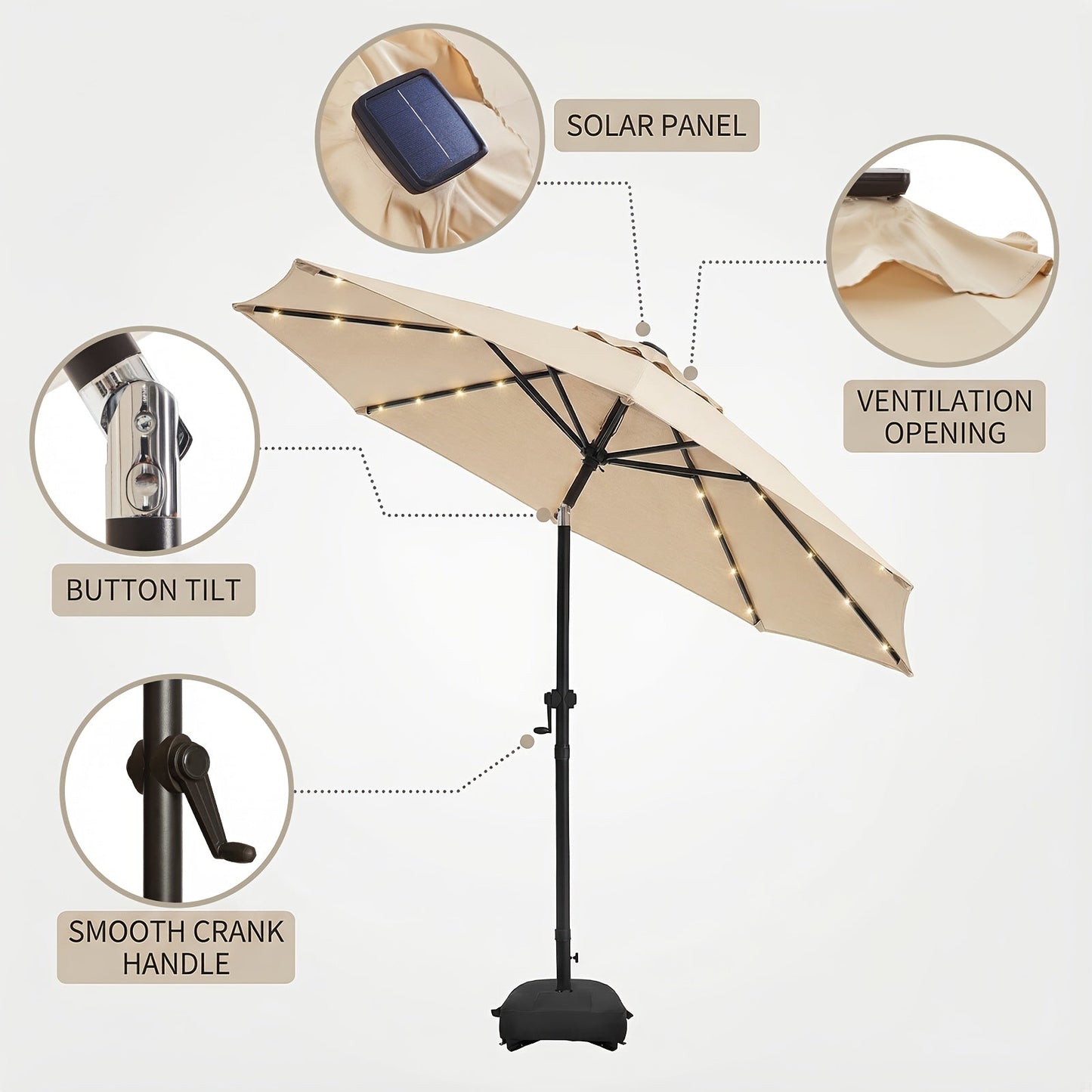 Patio Umbrella 9FT Solar LED Style with 32 Lights, Double Vent, Push Tilt, Crank and Eight Color Options