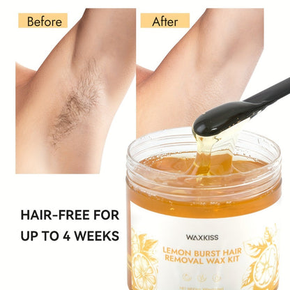 Sugar Wax Hair Removal Kit 300g – Gentle Soft Wax with Strips & Sticks for Body Hair Removal, Lemon or Activated Carbon Formula