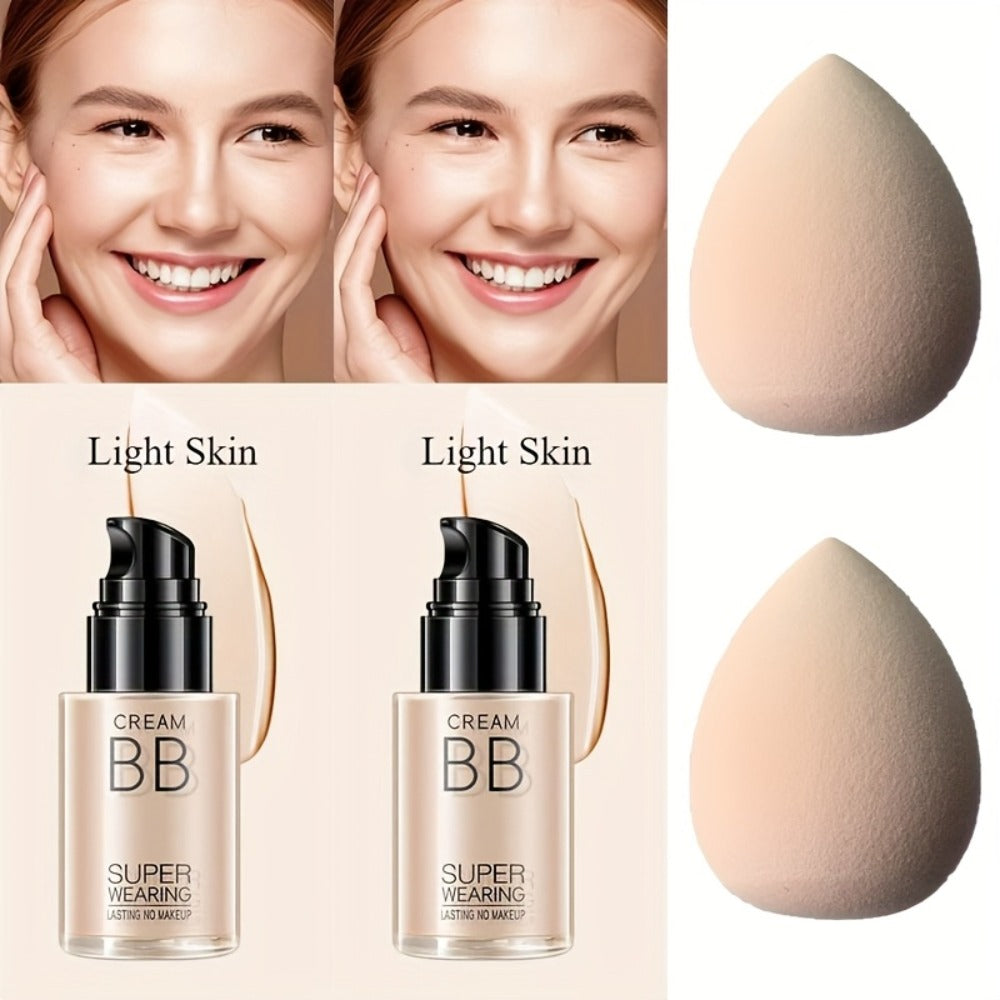 BB Cream Liquid Foundation Set 2-Piece with Makeup Sponge, for Makeup, Travel and Everyday Vanity Use