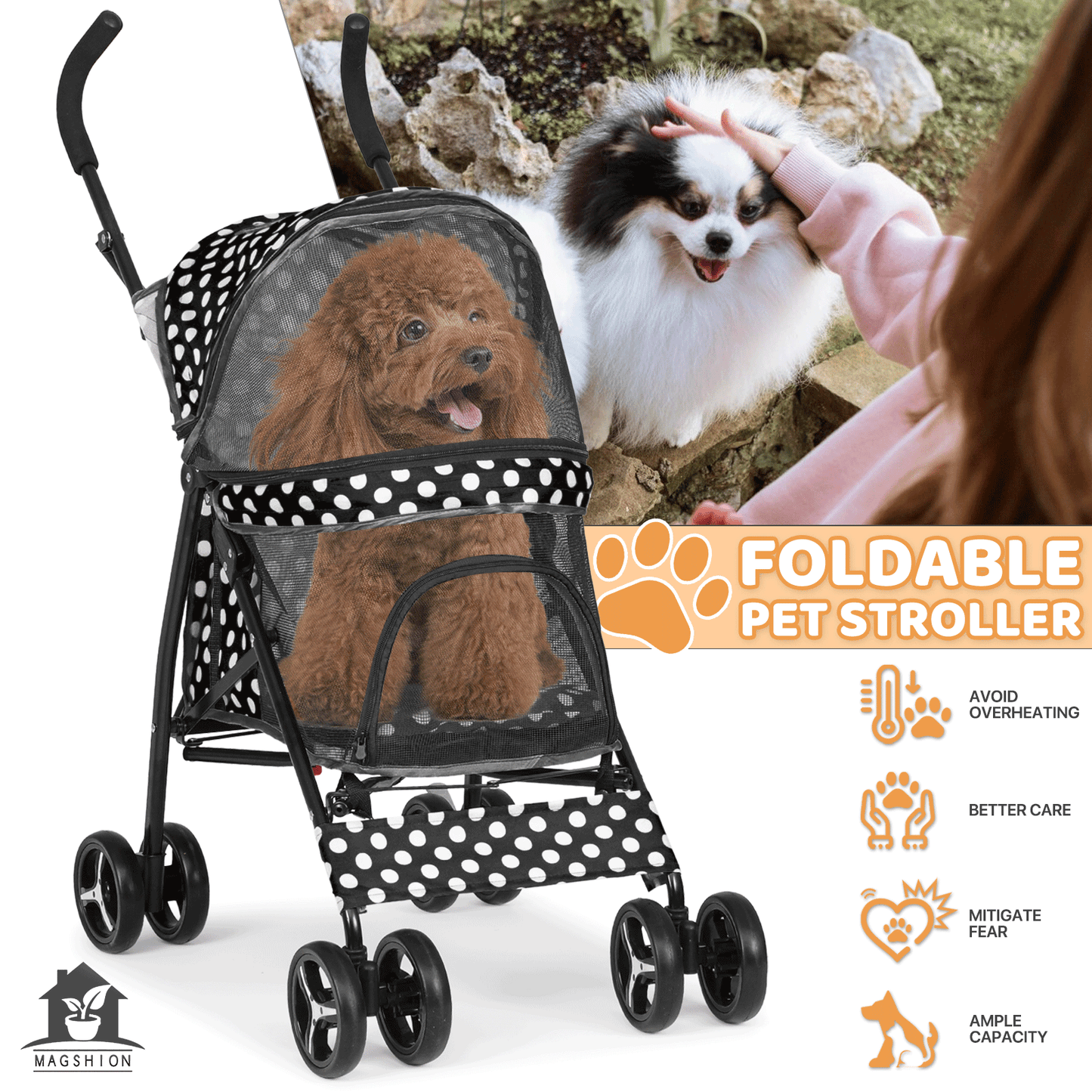 Pet Dog Cat Stroller with 4 Wheels – Foldable Jogger Pet Stroller for Small Medium Dogs & Cats up to 33 lbs, Breathable Mesh Windows