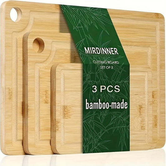 Cutting Board Three-Piece Bamboo Set with Juice Grooves, Carry Handles and Three Nested Sizes
