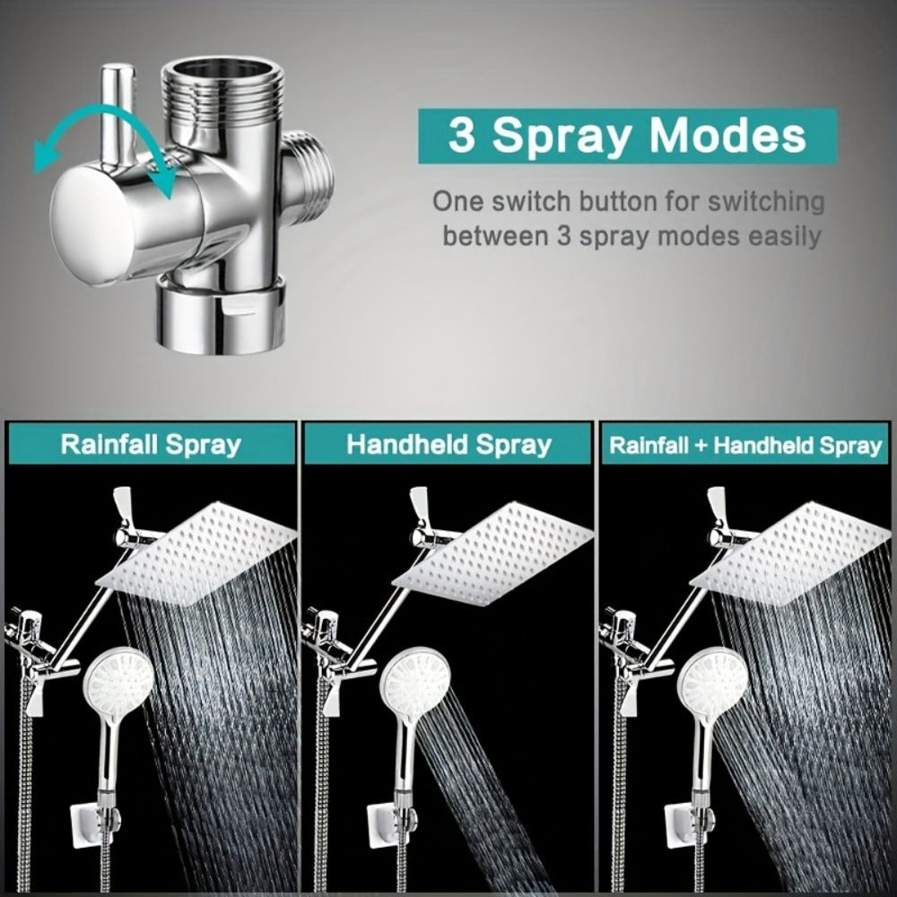 Rainfall Handheld Shower Combo 9-Setting, High Pressure 11" Extension Arm Leak-Proof Wall Mount 8 10 12 Inch Chrome Black
