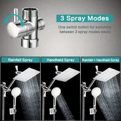 Rainfall Handheld Shower Combo 9-Setting, High Pressure 11" Extension Arm Leak-Proof Wall Mount 8 10 12 Inch Chrome Black