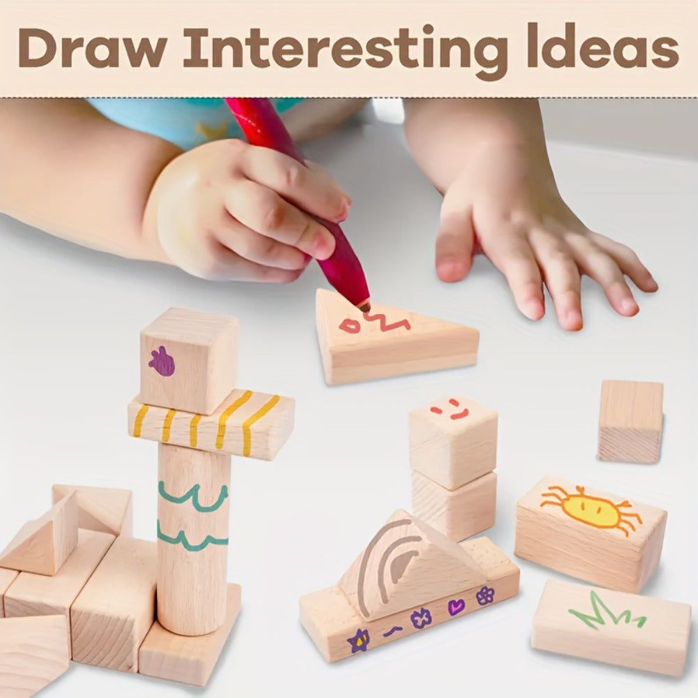 Natural Beech Wood Blocks 100 Piece Unpainted Solid Wooden Building Set, STEM Logical Thinking Toy for Kids Ages 3-12
