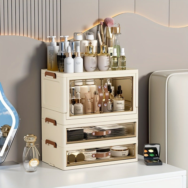 Modular Makeup Storage Cabinet with One or Two Doors, Two Transparent Drawers and White-Gold Trim