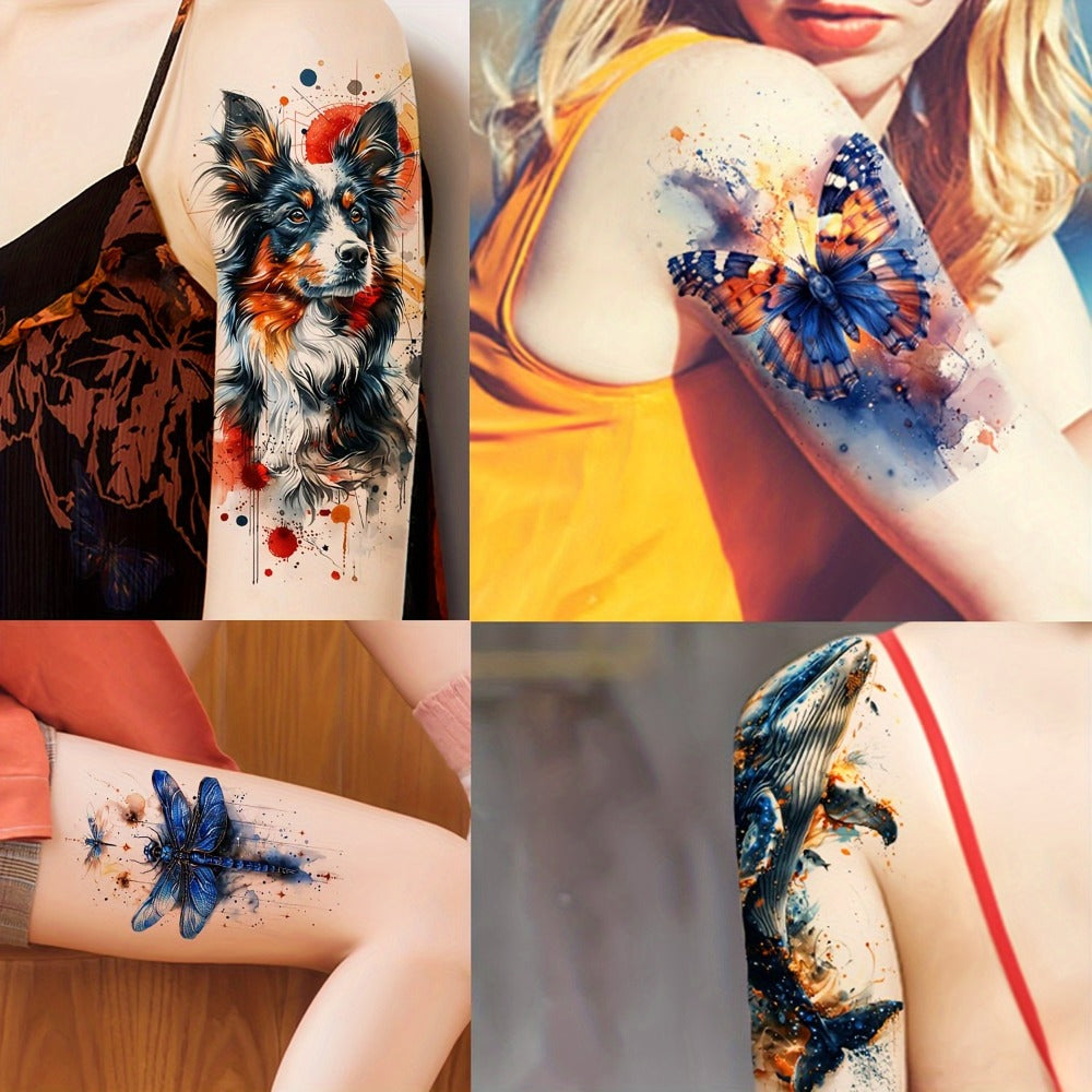24-Sheet Watercolor Temporary Tattoo Set with Floral, Animal and Abstract Designs in 21 x 12 cm Format