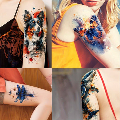 24-Sheet Watercolor Temporary Tattoo Set with Floral, Animal and Abstract Designs in 21 x 12 cm Format