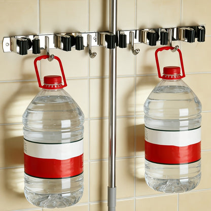 Mop and Broom Holder Wall Mount, Stainless Steel Self Adhesive Rack with 5 Slots & 4 Hooks
