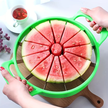 Round Watermelon Slicer Tool with Dual Green Handles, Central Coring Ring and Radial Metal Cutters