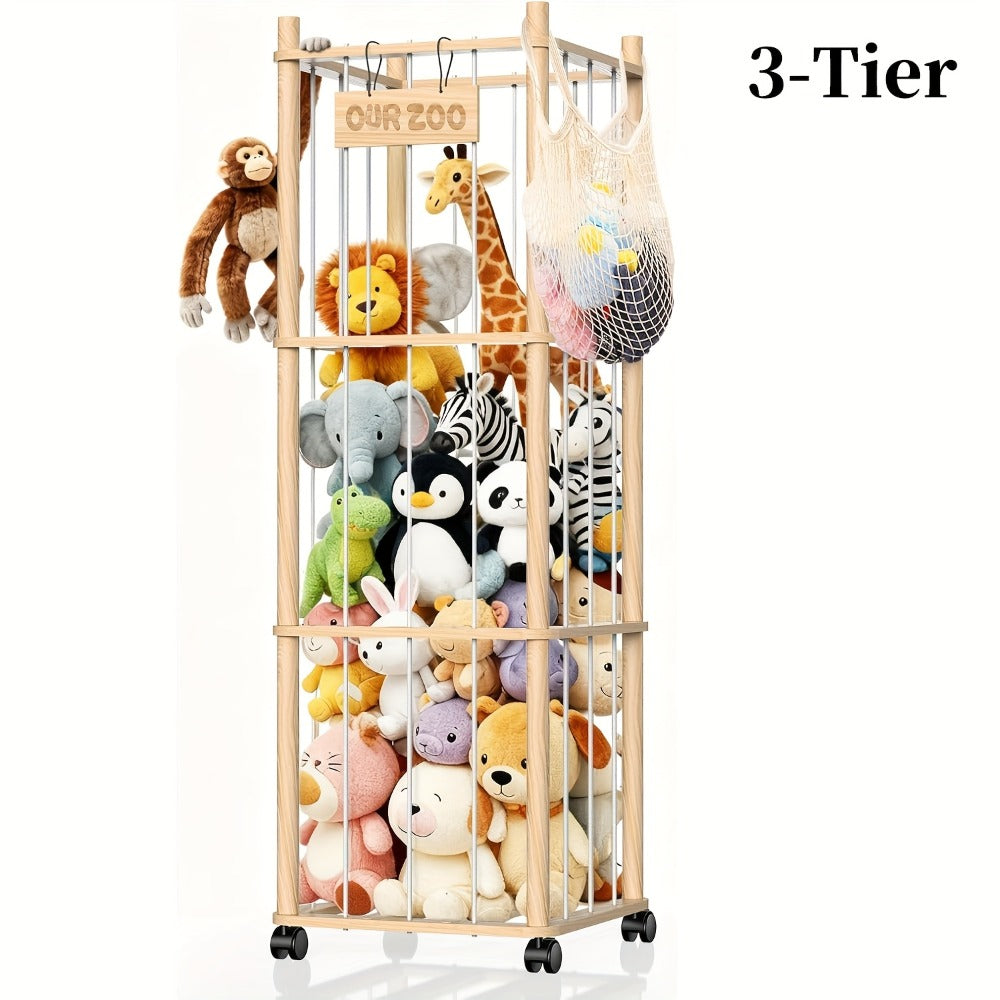 Stuffed Animal Storage Organizer with Pine Wood Frame, Wheels and 2 or 3 Tiers for Nursery or Playroom
