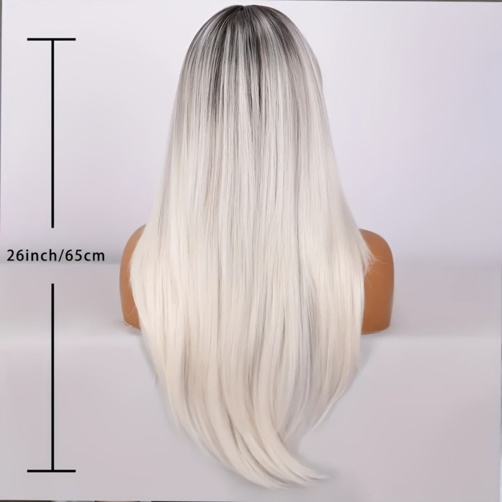 Synthetic Wig 26-Inch Milky White Ombre Straight Style with A-Line Bangs and Glue-Free Cap