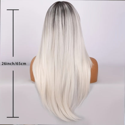 Synthetic Wig 26-Inch Milky White Ombre Straight Style with A-Line Bangs and Glue-Free Cap