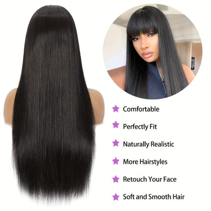 Synthetic Wig 26-Inch Black Straight Style with Full Bangs, Fiber and Machine Cap with Item-Specific Color, Length, Texture and Cap Choices