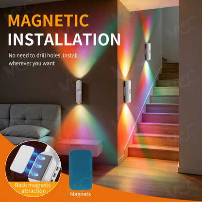 LED Magnetic Night Light Dual Voice & Motion Sensor, 9 Colors Dimmable, 665mAh Battery, Drill-Free Magnetic Install for Hallway