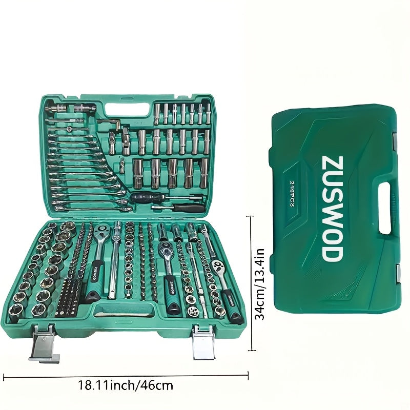 216-Piece Professional Socket Set 1/4" 3/8" 1/2" Drive – S2 & CR-V Steel Ratchet Wrench Kit with Deep & Standard Sockets for Auto Repair