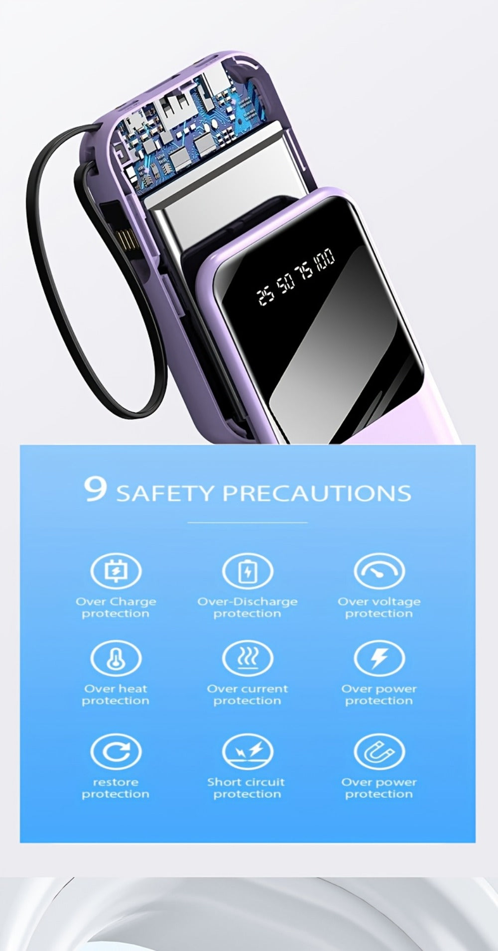 Power Bank 10000mAh Mini with Built-In Cable Set, 5W/15W/22.5W Options, Display and LED Light