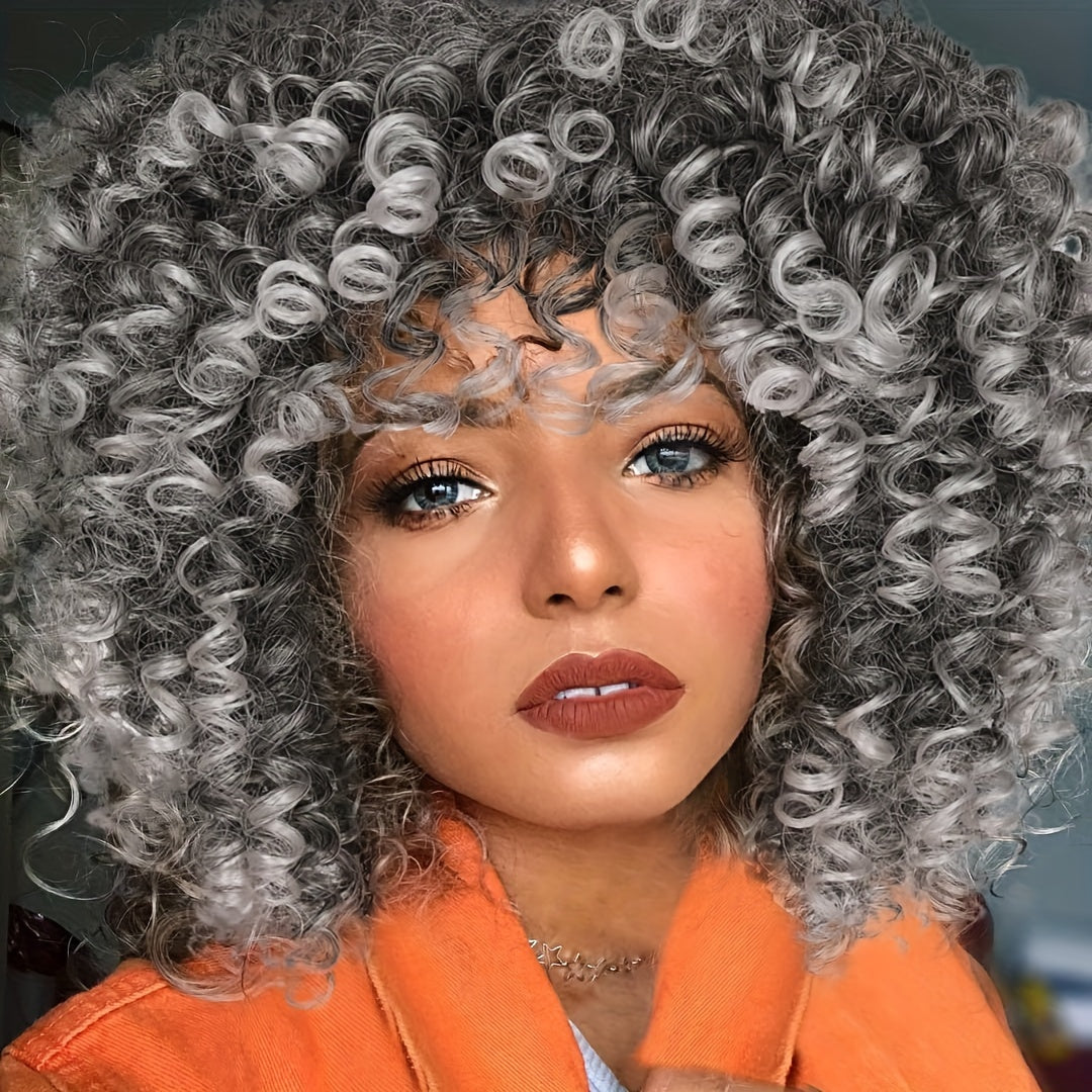Synthetic Wig 14-Inch Kinky Curly Afro with Bangs, 180% Density and Stretch Net Cap for Daily Style