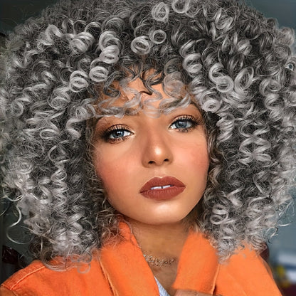 Synthetic Wig 14-Inch Kinky Curly Afro with Bangs, 180% Density and Stretch Net Cap for Daily Style