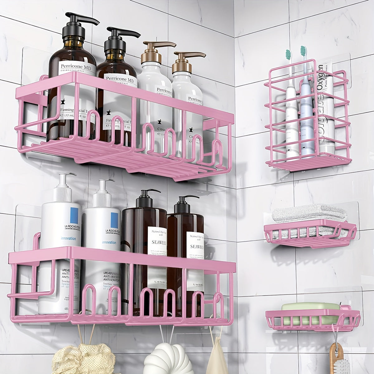 Shower Caddy Organizer 5 Pack Adhesive Rustproof Stainless Steel Shower Shelves with Soap Holder No Drilling Bathroom Storage Rack