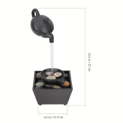 Tabletop Water Fountain with LED Light Zen Teapot Indoor Relaxation Fountain Black Resin for Entryways, Bedrooms and Living Spaces