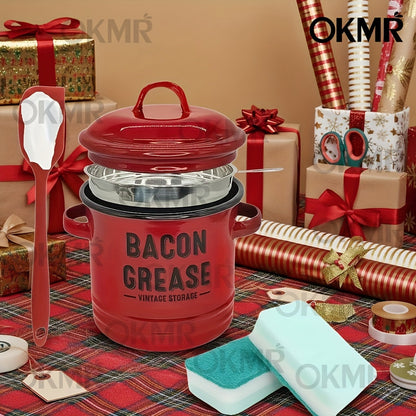 Bacon Grease Container with Lid, Large Grease Storage Can with Heat-Resistant Filter, Silicone Spatula & Cleaning Sponge Set