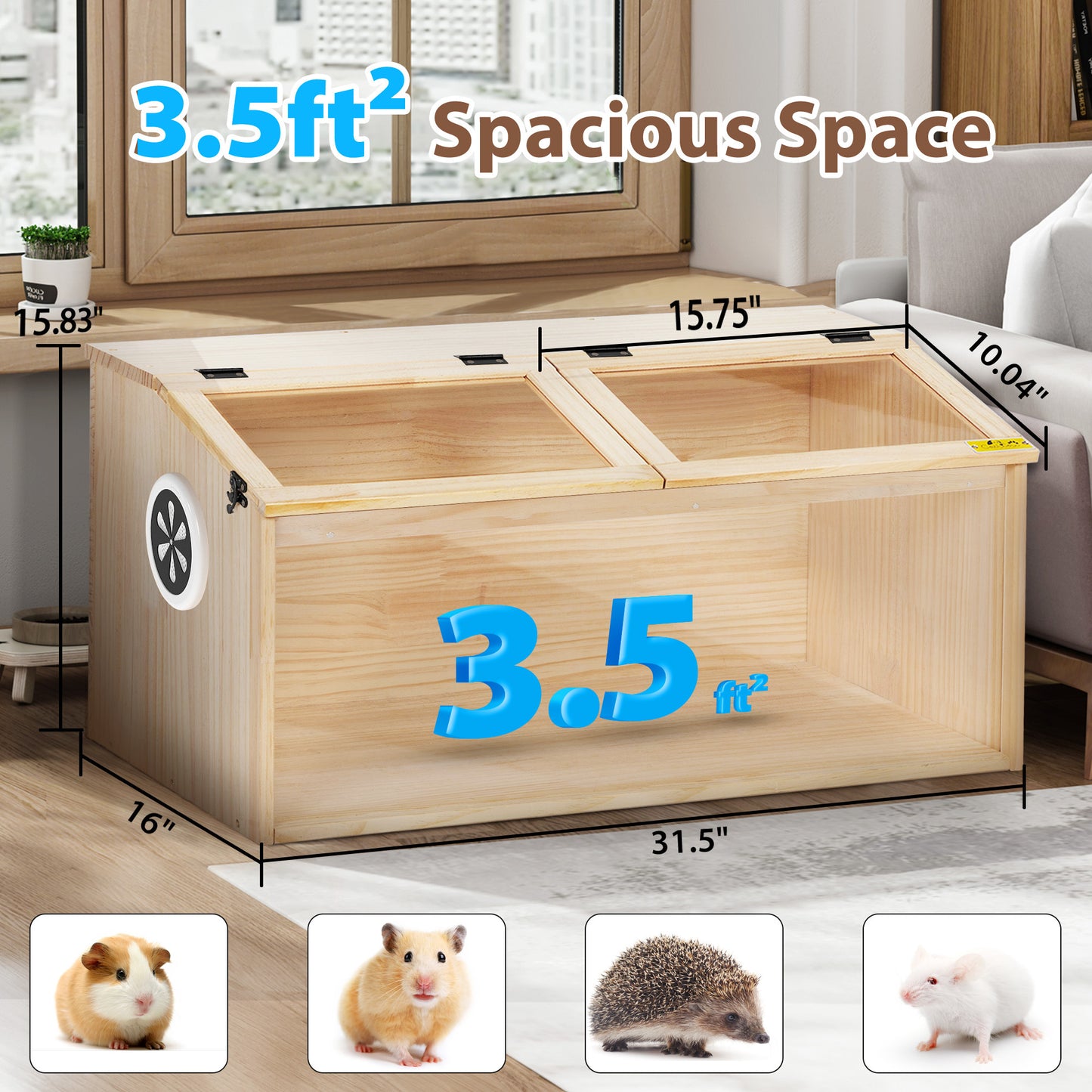 Large Hamster Cage Wooden Enclosure – 32"L x 16"W x 16"H with Acrylic Window & Openable Top | Small Animal Habitat for Guinea Pig
