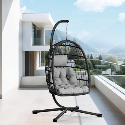 Outdoor Egg Chair with Stand Rattan Wicker Hanging Swing Hammock Chair Thickened Aluminum Frame UV-Resistant Cushion 350LBS Capacity Patio