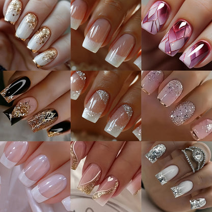 Press On Nails 216-Piece Soft Gel Short Square Set with French, Gradient, Glitter and Heart Designs
