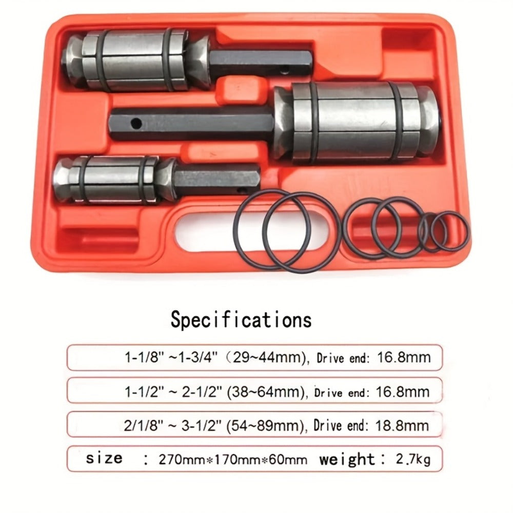 Pipe Expander Spreader Tool Set 3-Piece with 12 O-Rings – 1-1/8" to 3-1/2" Exhaust Muffler Silencer Repair Drop Forged Heat-Treated Steel