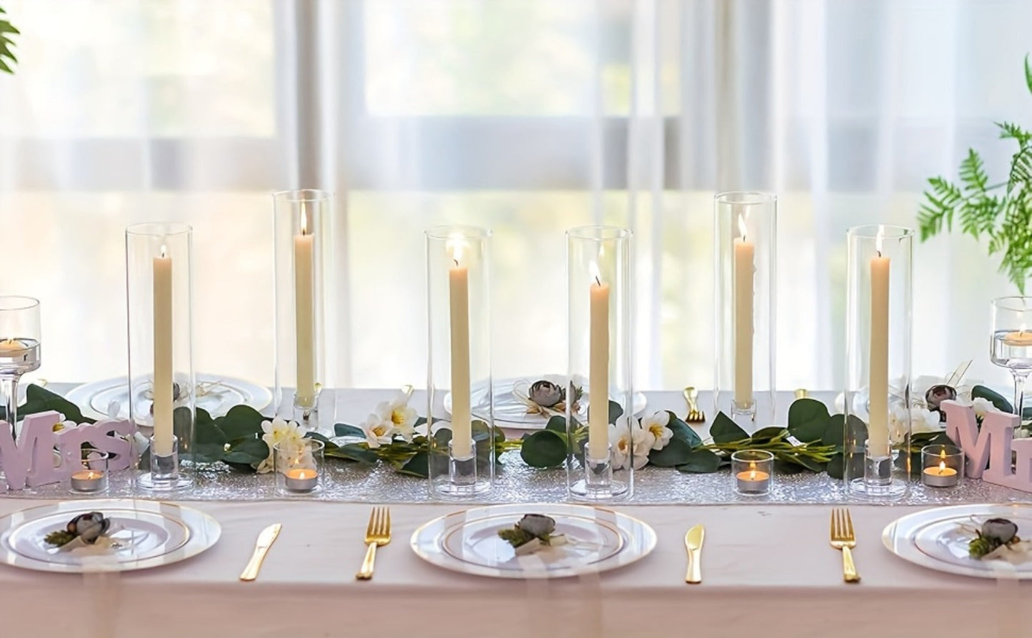 Hurricane Glass Candle Holders for Taper Candles, 11.8 Inch Tall Clear Cylinder Windproof Candlestick Stand for Wedding