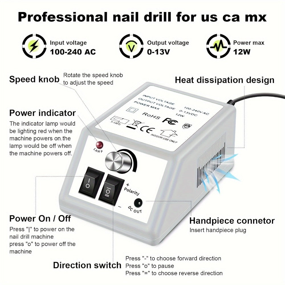 Electric Nail Drill 20000 RPM Console Kit with 6 Bits, 50 Sanding Bands and Standard or 8-in-1 Options