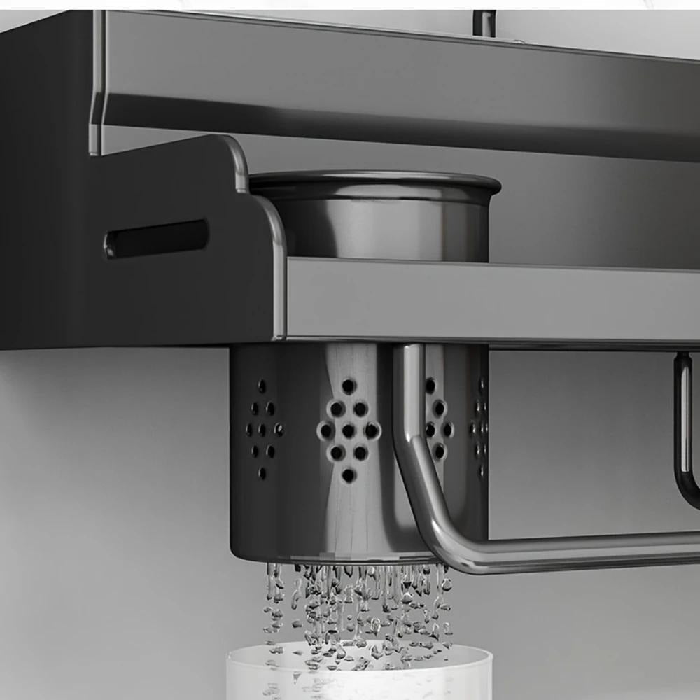 Wall-Mounted Kitchen Organizer with Two Storage Tiers, Knife Slots, Chopstick Cup and Towel Bar