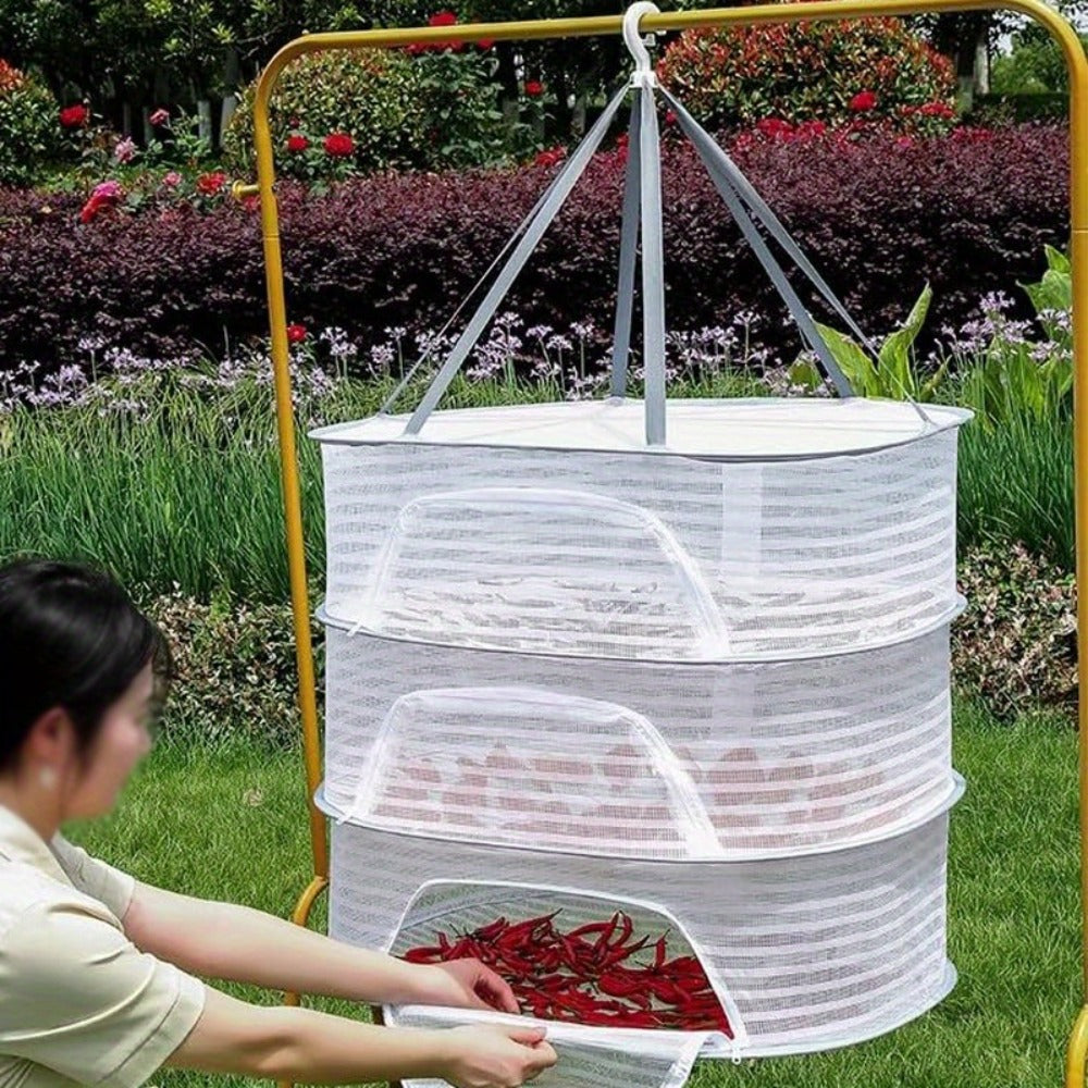 Mesh Drying Rack Foldable 2-3 Layer with Hooks & Zipper Closure, Hanging Herb Drying Net for Herbs