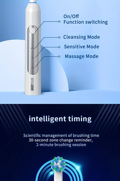 Electric Toothbrush with 3 Rotating Cleaning Modes – Induction Charging, 4 Replacement Brush Heads, Travel Case Included
