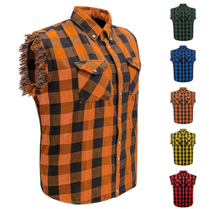 Men's Plaid Sleeveless Shirt with Fringe Hem, Checkered Cotton Button-Up Vest Top, Crew Neck Regular Fit for Streetwear Beach Vacation