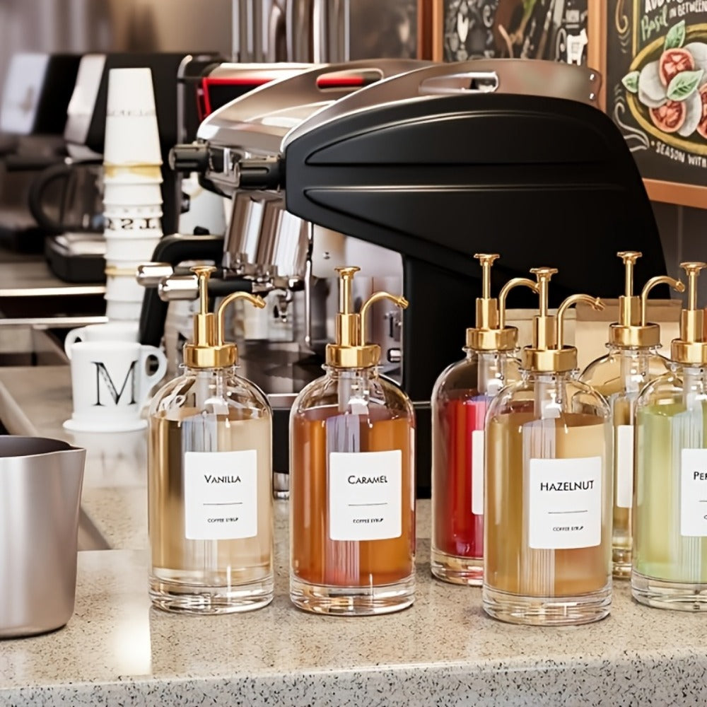 Glass Coffee Syrup Dispenser Set 4-Piece – 16.9oz Pump Bottles with Labels for Coffee Bar, Kitchen Syrup Organizer