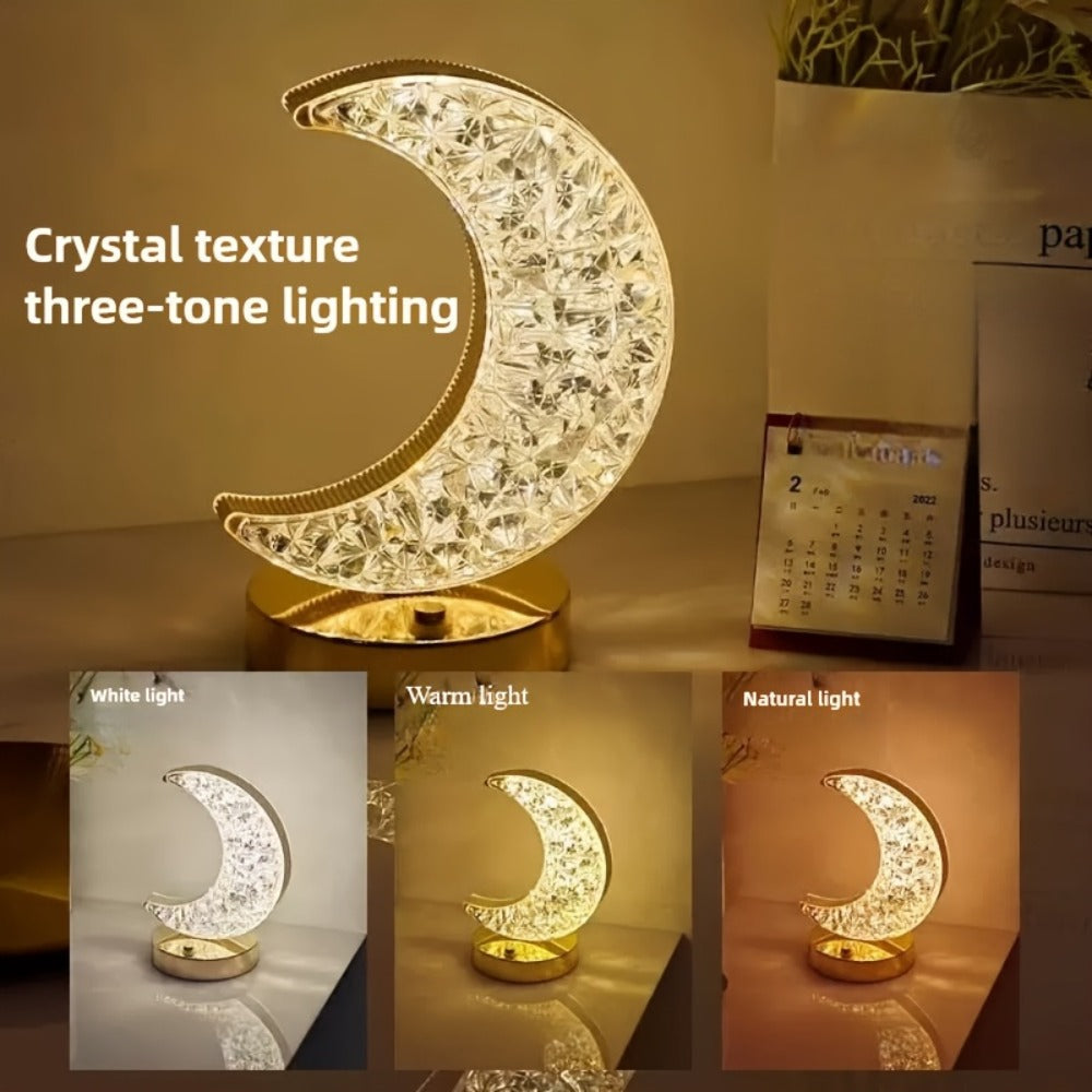 Crystal Touch Table Lamp Rechargeable, Moon & Star Dimmable LED Night Light with 3-Color Modes for Bedroom