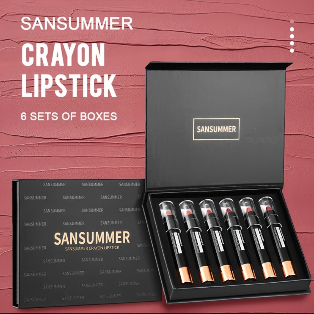 Lipstick Set, SANSUMMER 6-Piece Matte Velvet Crayon Collection in a Black Presentation Gift Box