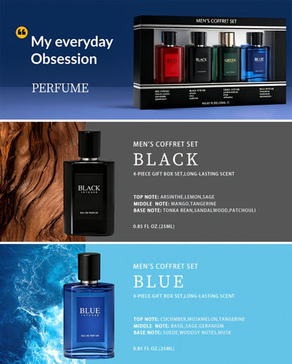 EDT Cologne Gift Set for Men 4 Piece Variety 4 Different Scents Long Lasting Fragrance Mini Bottles 0.85oz Each Travel Friendly Holiday