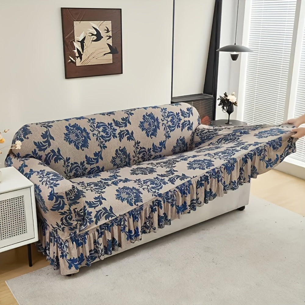 Sofa Cover Dark Blue Printed Skirt Slipcover with High-Elasticity Fiber and Fixing Rods with Model-Specific Size and Color Options