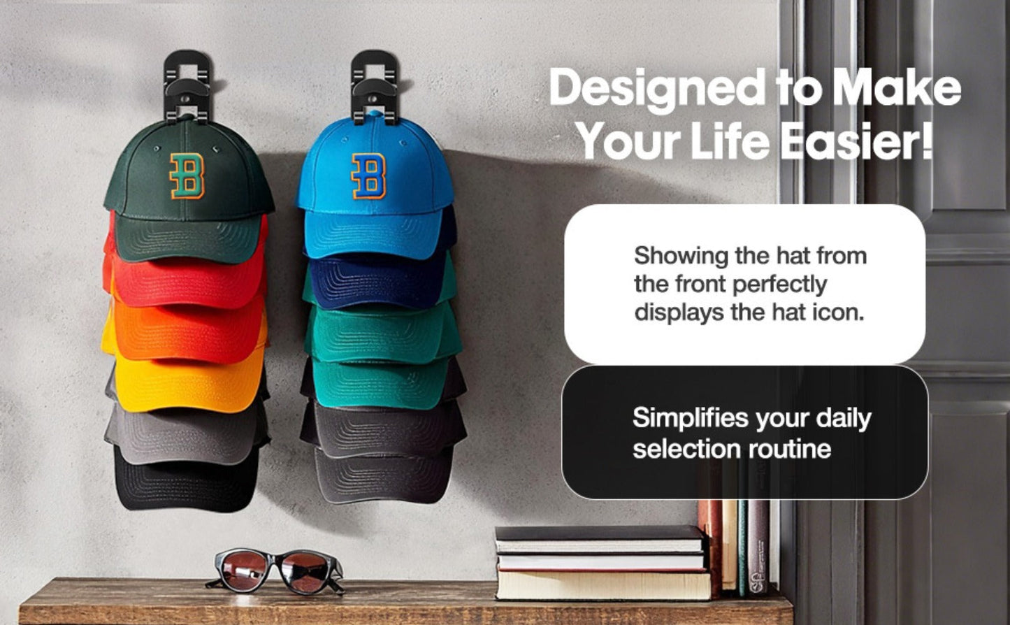 Wall Mounted Hat Rack for Baseball Caps, Adhesive or Drill Mount, Holds 20 Hats, Multilayer Storage