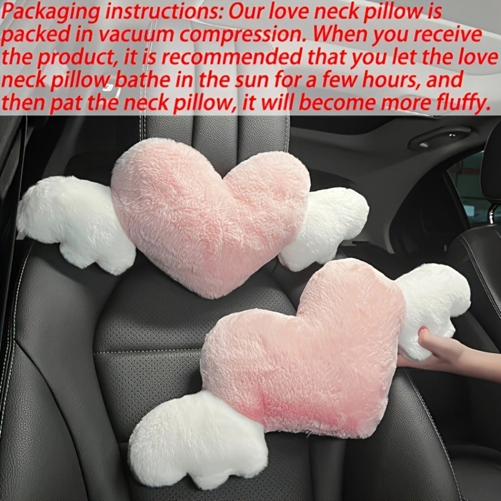 Car Headrest Neck Pillow Heart Shape with Angel Wings – Cute Plush Lumbar Cushion & Seat Back Pillow, Car Interior Decor Accessory