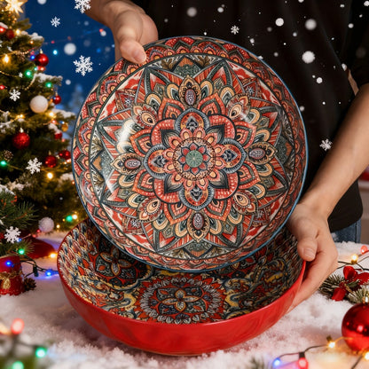 Ceramic Soup Bowl Set 2pcs Bohemian Floral Hand-Painted 25.8cm Vintage Tableware for Cooking Dining Gift