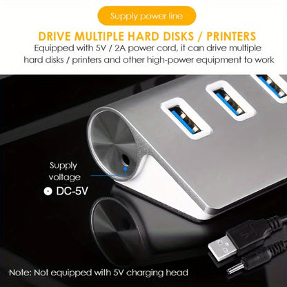 Silvery Seven-Port USB 3.0 Hub with USB-A Host Cable and Aluminum-Alloy Housing for Laptop Accessories