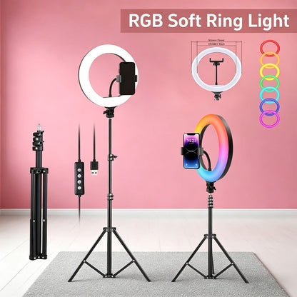 12-Inch USB Ring Light with Retractable Floor Tripod, Dual Phone Clips and Three-Color or RGB Options
